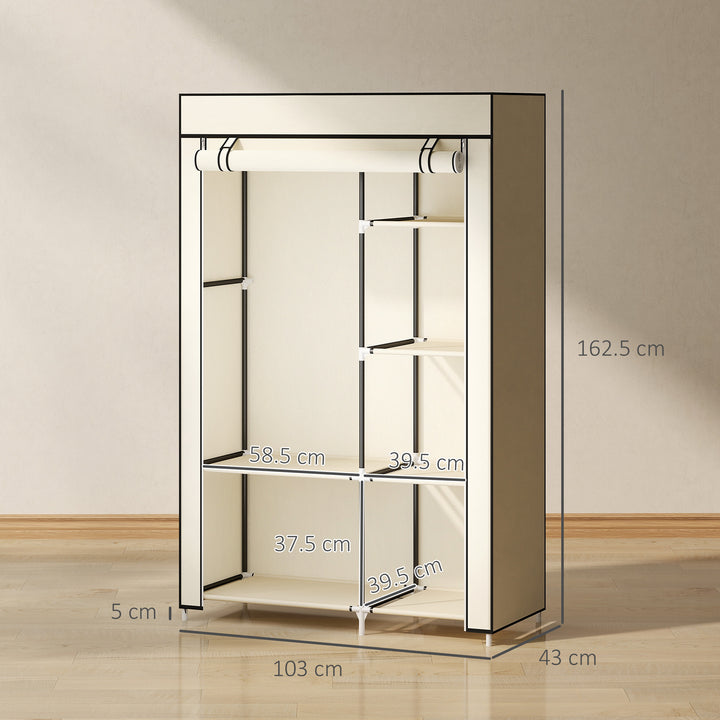 Fabric Wardrobe, Portable Wardrobe with 6 Shelves, 1 Hanging Rail, Foldable Closets, 103 x 43 x 162.5 cm, Cream White