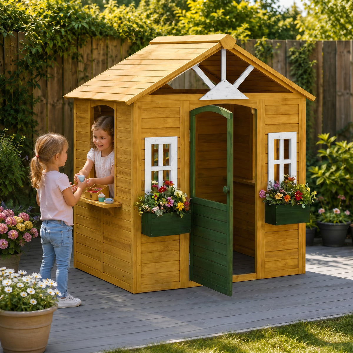 Outdoor Kids Playhouse, Wooden Wendy House with Door, 3 Windows, 2 Flo