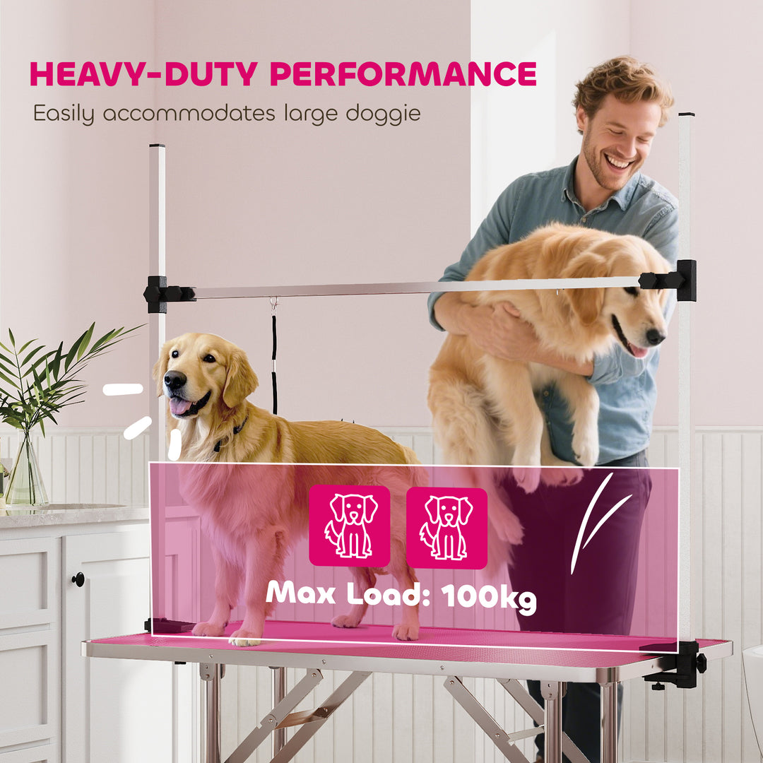 42" Dog Grooming Table, Adjustable Pet Cat Drying Beauty Table with 2 Loops Storage Basket, Rubber Top, Pink