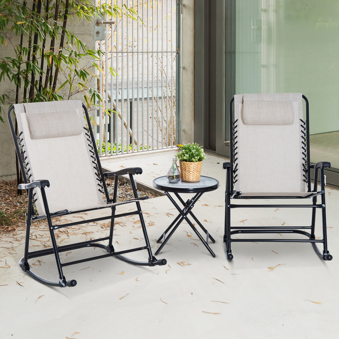 Outsunny 3 Piece Outdoor Rocking Set with 2 Folding Chairs and 1 Tempered Glass Table, Patio Bistro Set for Garden, Deck, Beige | Aosom UK