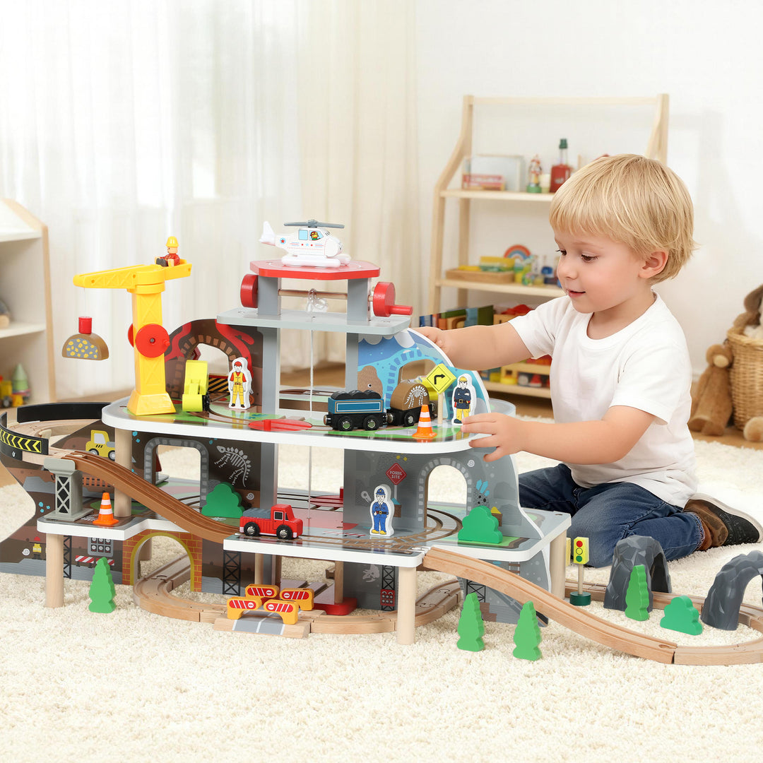 MCL 79 Piece Wooden Train Set, Kids Train Track Mine Themed with Crane, Helicopter