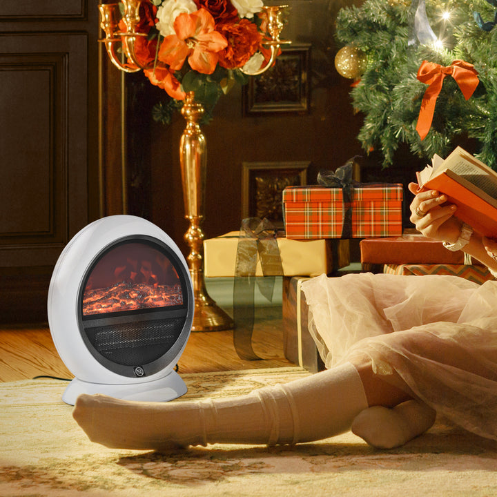Freestanding Electric Fireplace Indoor Space Table Top Heater with Realistic Flame Effect, Rotatable Head, Overheating Protection, 1500W, White