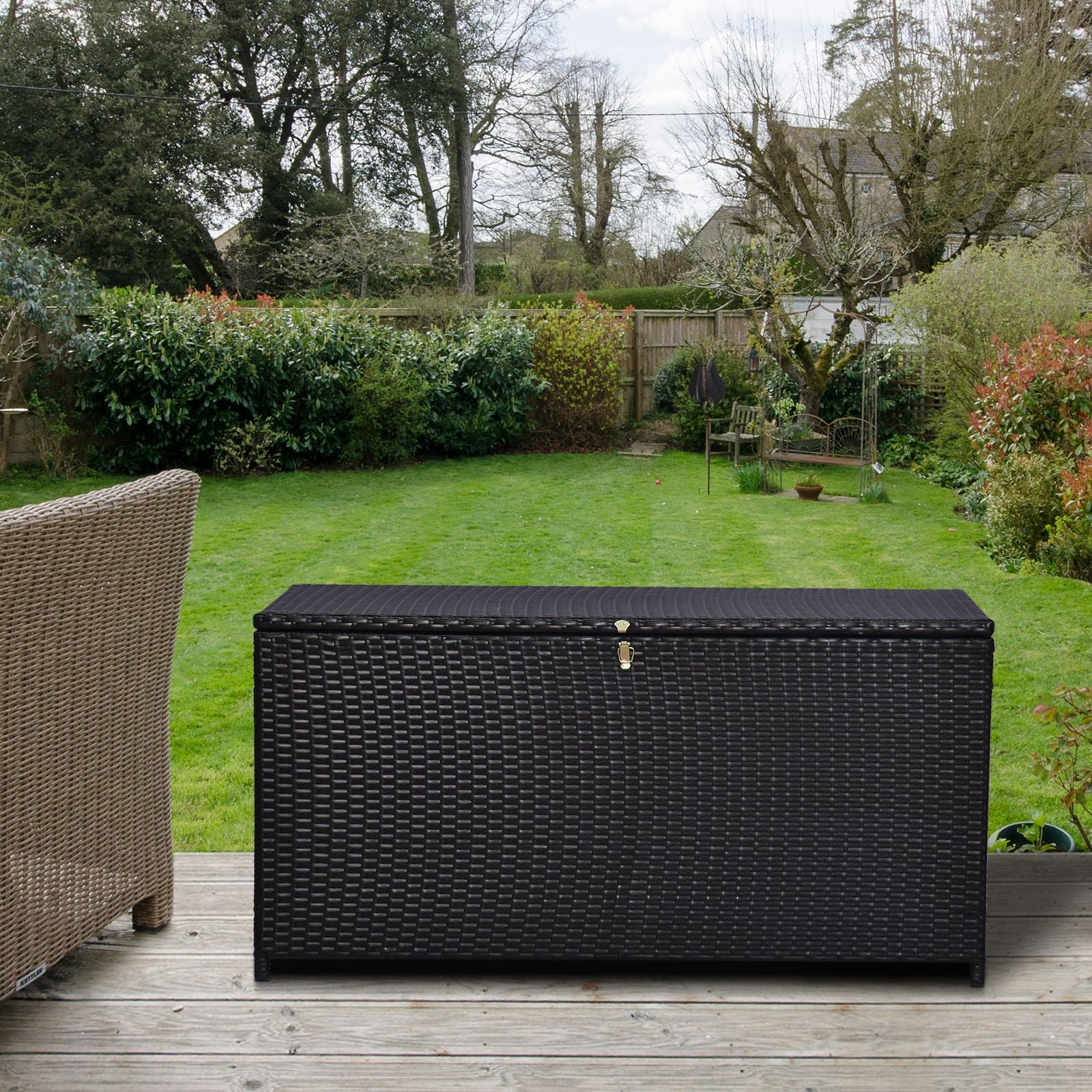 284 L Rattan Garden Storage Box, Outdoor Garden Storage Box with Gas Lift and Lockable Lid, Outdoor Wicker Rattan Chest Container for Garden Tools, 118 x 54 x 59 cm, Dark Brown