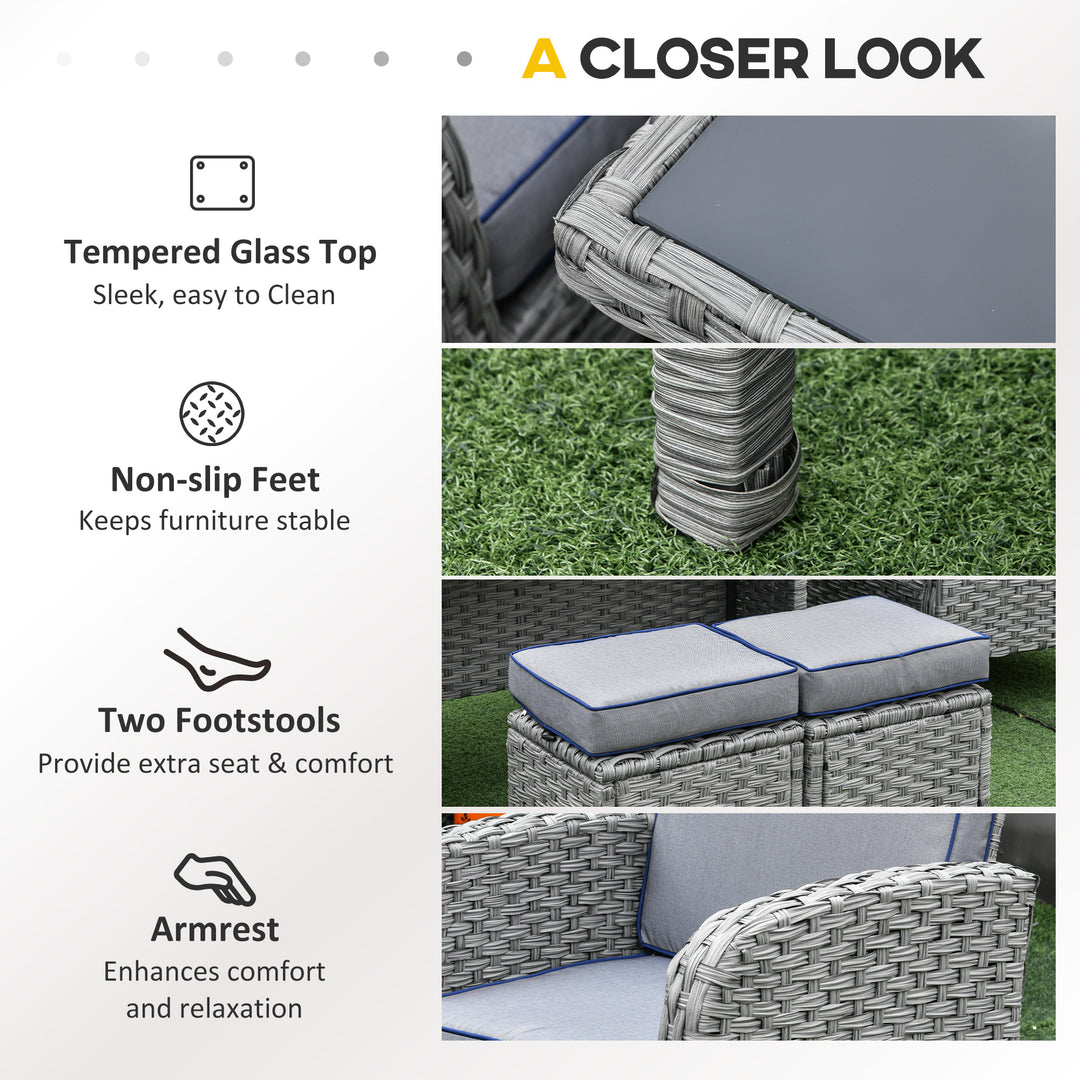 6 Pieces Rattan Garden Furniture Set, 6 Seater Garden Sofa Set with Glass Top Dining Table, Loveseat, 2 Armchairs and Ottomans, Wicker Outdoor Conservatory Furniture for Patio, Grey