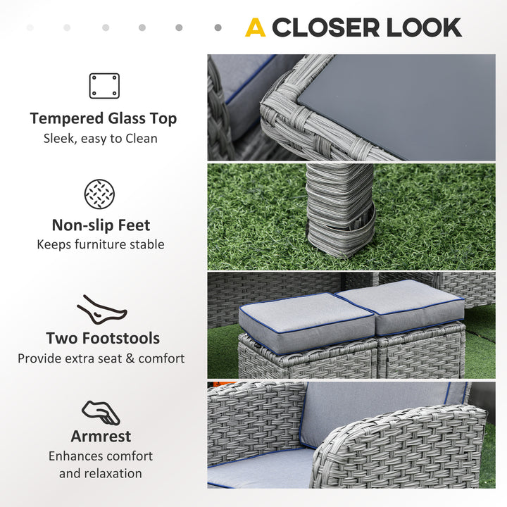 6 Pieces Rattan Garden Furniture Set, 6 Seater Garden Sofa Set with Glass Top Dining Table, Loveseat, 2 Armchairs and Ottomans, Wicker Outdoor Conservatory Furniture for Patio, Grey