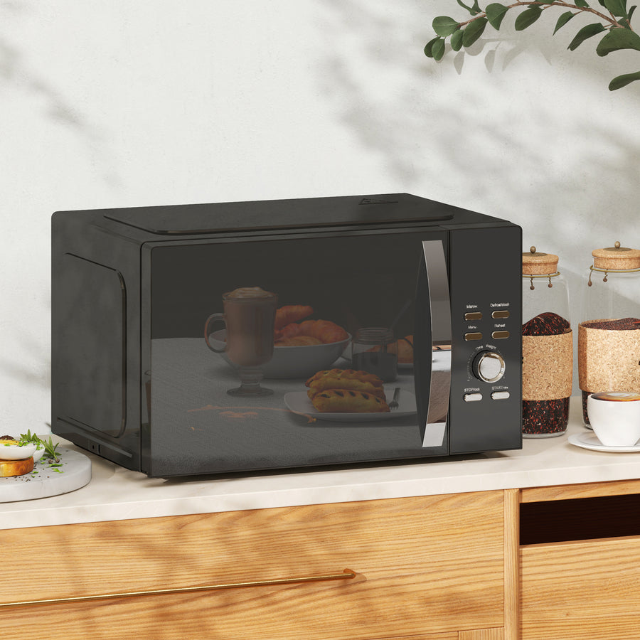 23L 800W Microwave Oven, Digital Solo Microwave with 5 Power Levels, Automatic Defrost, 8 Auto Cook Menus, 60 Minutes Timer, Clock, Easy Clean, Small Black Microwave