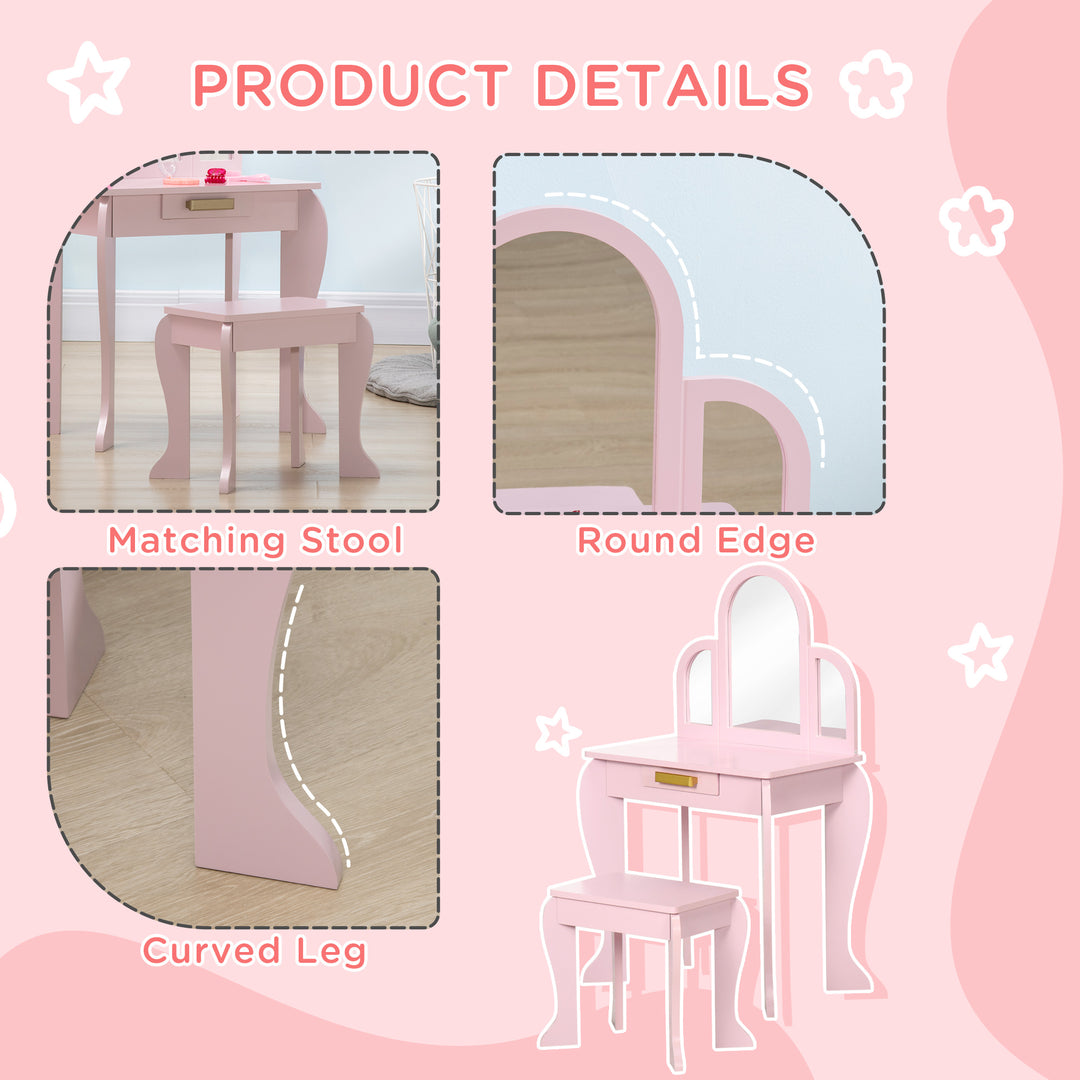 Kids Dressing Table Set, with Mirror and Drawer - Pink