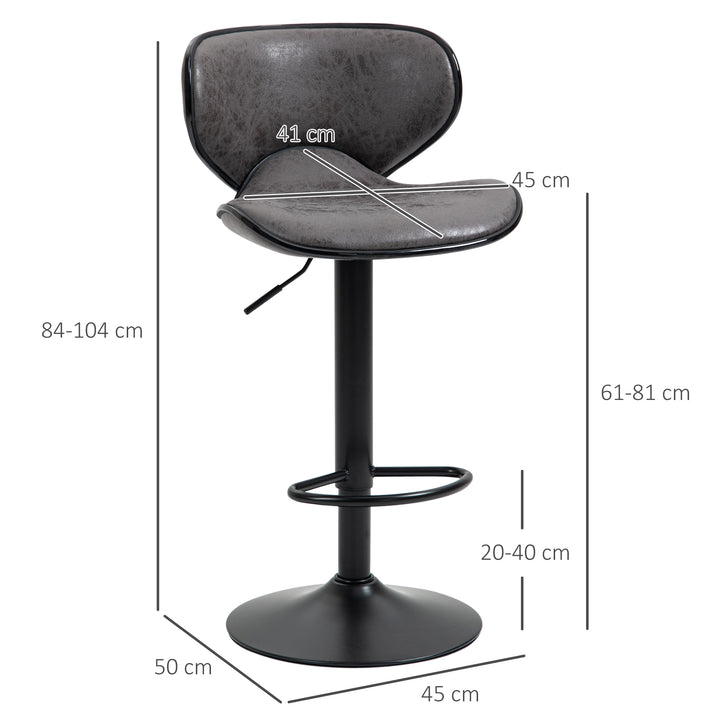 Adjustable Bar Stools Set of 2, Swivel Leathaire Upholstered Barstools with Large Seat, Breakfast Bar Chairs with Back, Footrest and Steel Base, Dark Grey