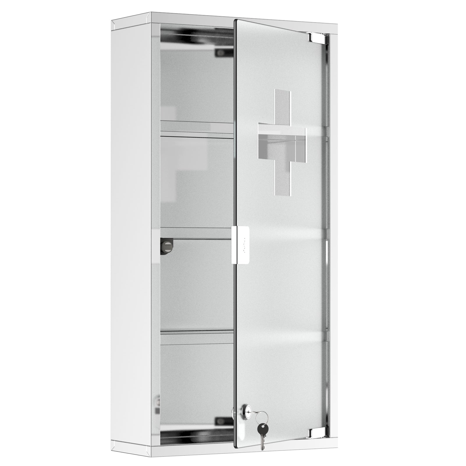 4 Tier Stainless Steel Wall Mounted Medicine Cabinet Glass Lockable Door Storage Shelves Houseware Bathroom Furniture 60Hx30Wx12D(cm) w/2 Keys
