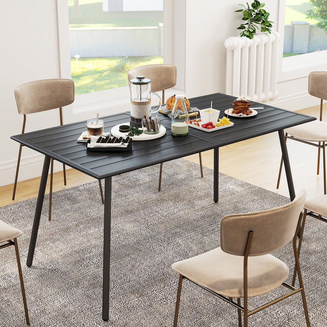 Rectangle Garden Table with Slat Top, Steel Frame, Outdoor Table for 6 Person, 150 x 80 x 74 cm, Black