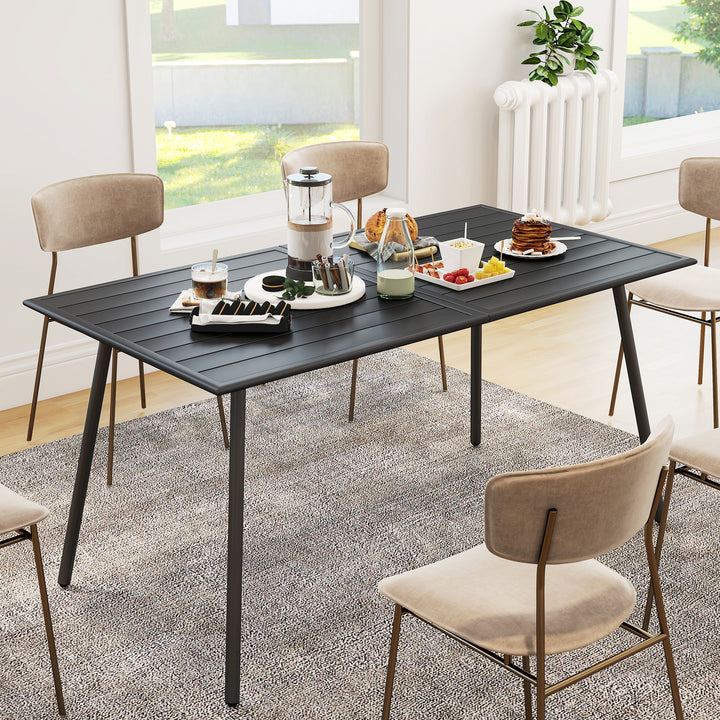 Rectangle Garden Table with Slat Top, Steel Frame, Outdoor Table for 6 Person, 150 x 80 x 74 cm, Black