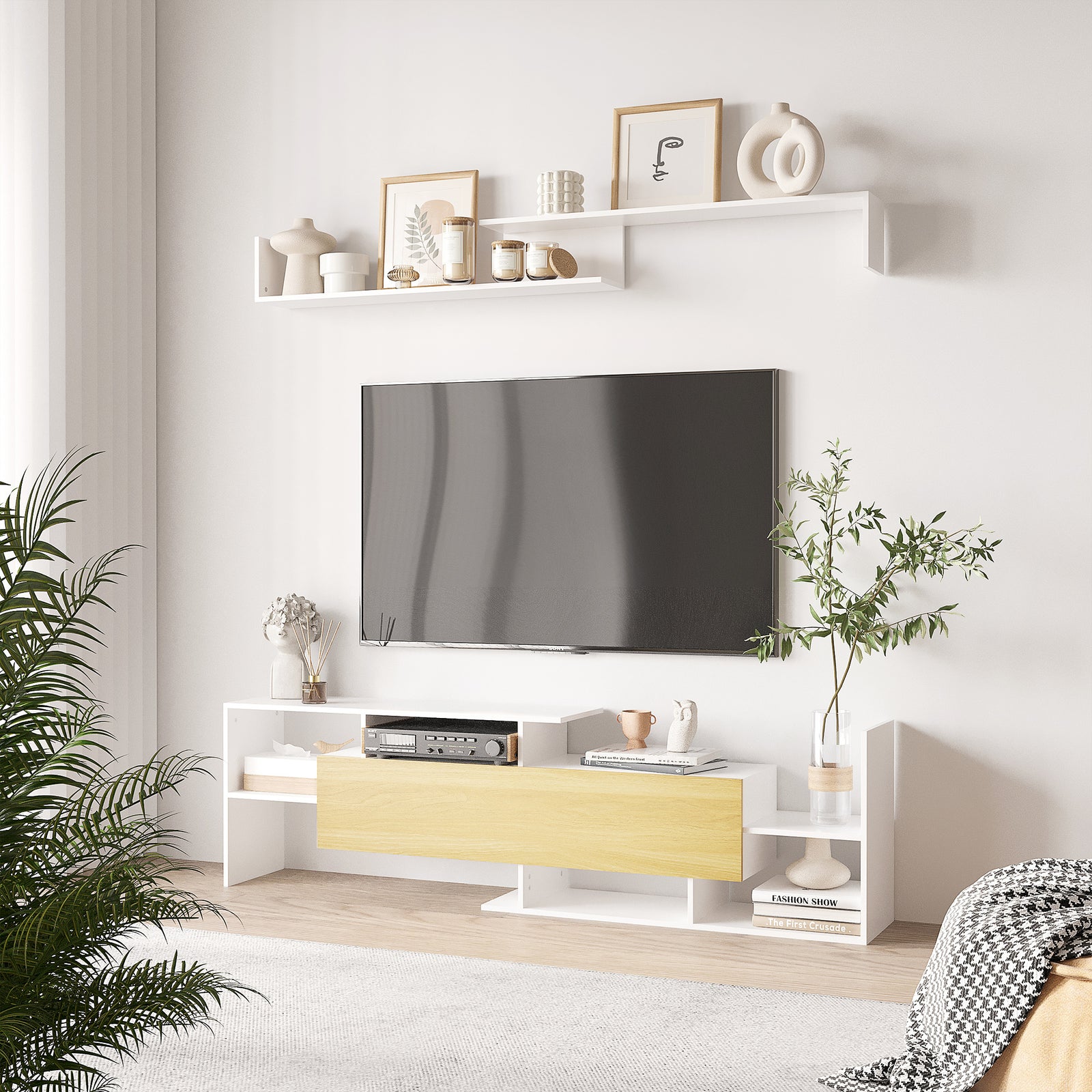 TV Cabinet with Wall Shelf for Wall-Mounted 65" TVs or Standing 40" TVs - White and Natural