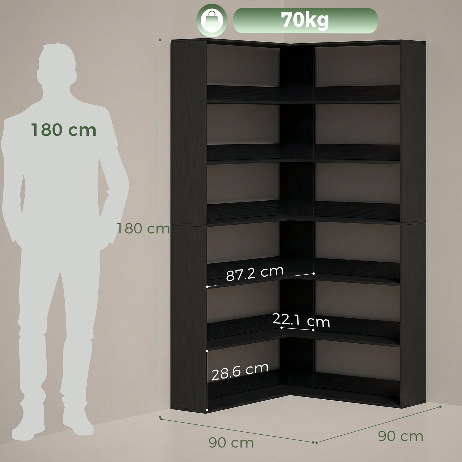 7 Tiers Bookshelf, L-Shaped Corner Bookcase with Anti-Slip Rear Guard,