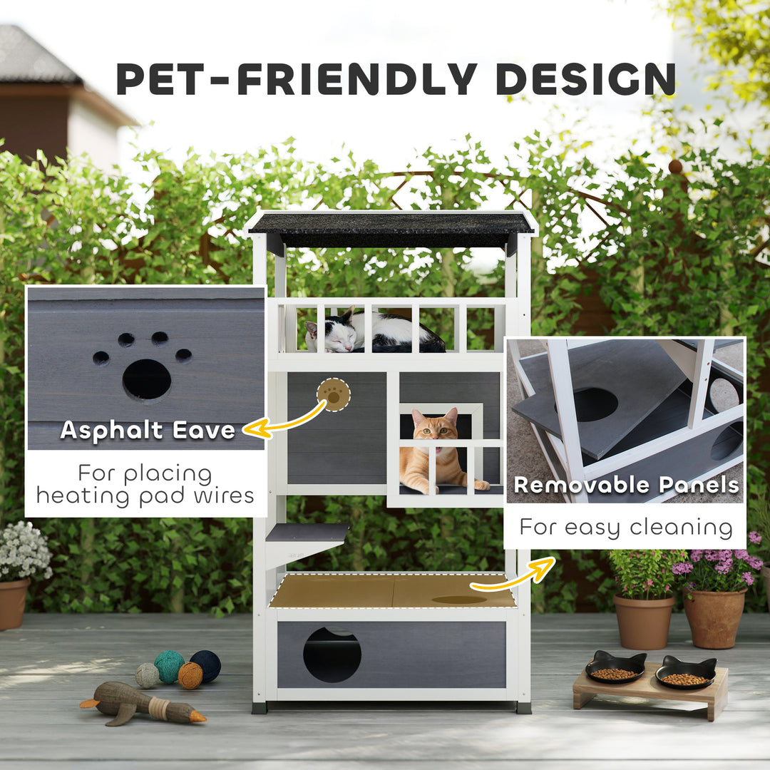 Wooden Outdoor Cat House, 3-Tier Cat Shelter with Tilted Roof, Terrace, Jump Step, Bottom Tray and Elevated Base, Waterproof Paint, Grey