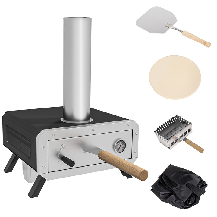 Portable Wood Pellet Pizza Oven with 12" / 30cm Rotating Pizza Stone, Peel and Cover, Wood Fired Pizza Maker with Thermometer for Outdoor Garden Cooking
