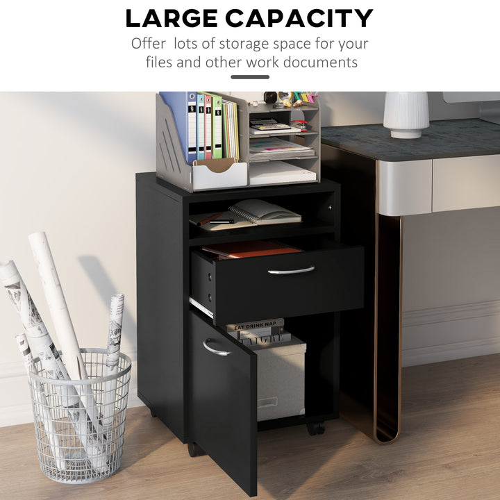 HOMCOM Mobile Storage Cabinet: Office Home Organiser with Drawer, Open Shelf, Metal Handles, 4 Wheels, Black | Aosom UK