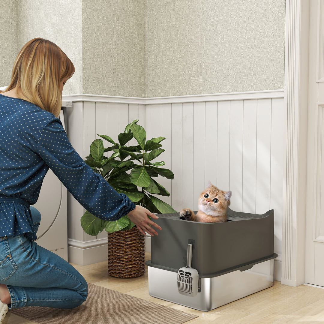 Stainless Steel Cat Litter Tray, Extra Large Enclosed Litter Box with Scoop, Top Entrance, Non-slip Pads, Dark Grey