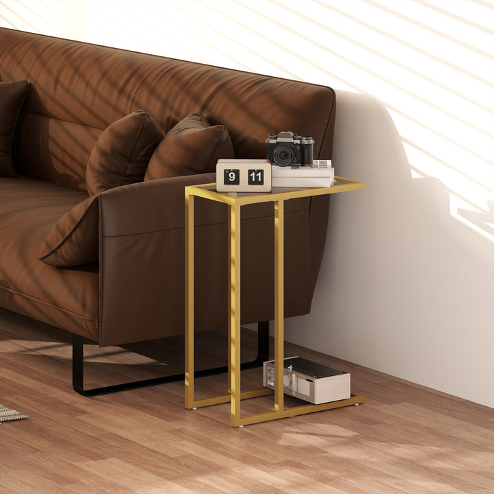 C-Shaped Side Table, Modern Slim End Table with Tempered Glass Tabletop, Steel Frame for Small Space, Living Room, Bedroom, Gold Tone