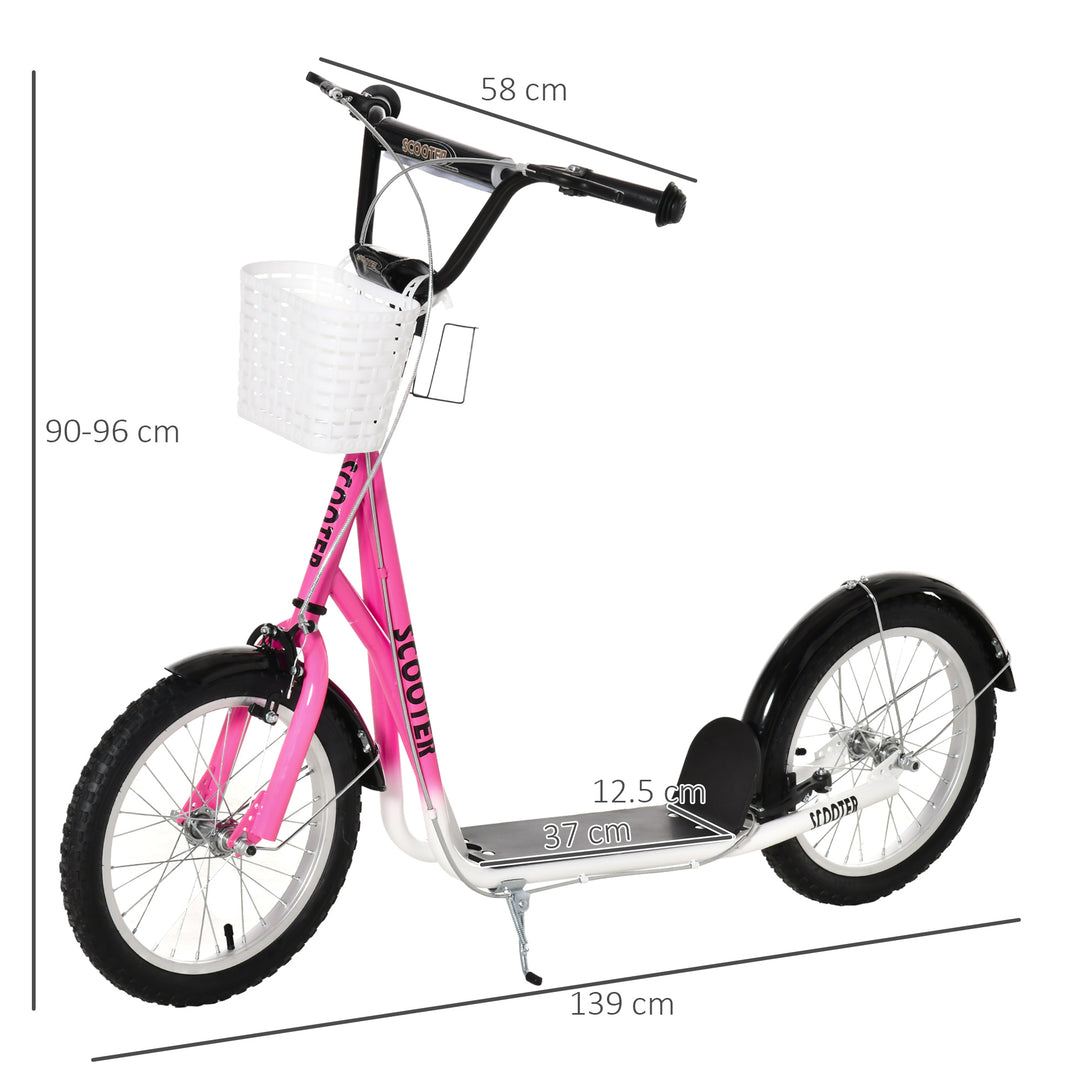 Kids Scooter, Kick Stunt Scooter with Adjustable Handlebar, Dual Brakes, Basket, Cupholder, Mudguard, 16" Inflatable Rubber Wheels, for 5-12 years, Pink