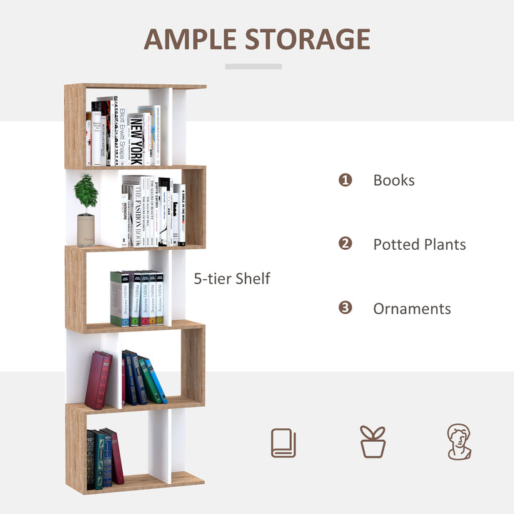 HOMCOM 5-tier Bookcase Storage Display Shelving S Shape design Unit Divider White | Aosom UK