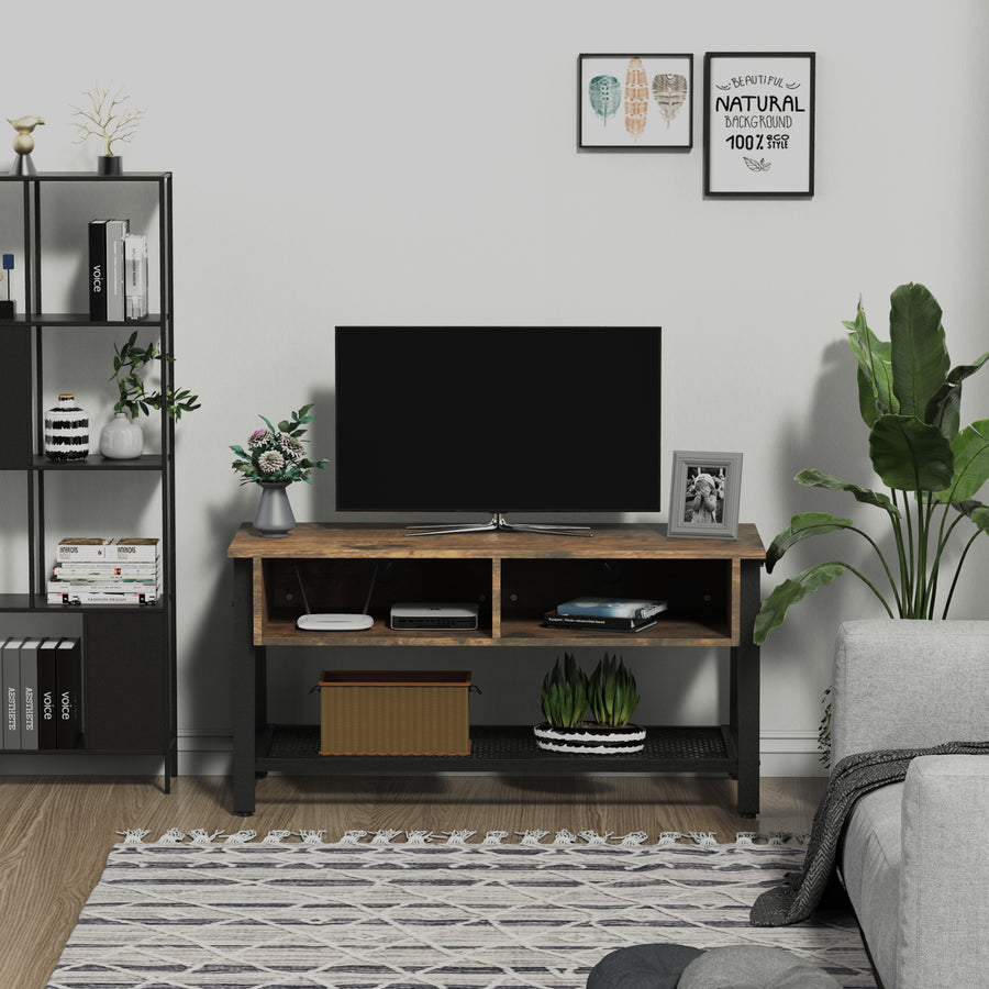 TV Stand Cabinet, Industrial TV Unit for TVs up to 45", 100cm TV Cabinet with 2 Open Compartments and Mesh Bottom Shelf for Living Room, Rustic Brown