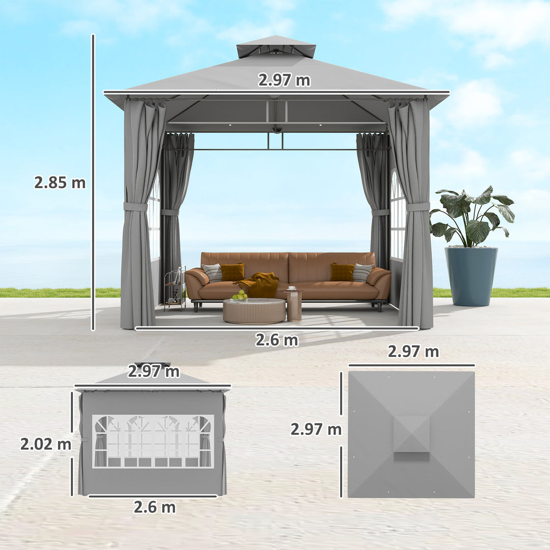 3 x 3 m Garden Gazebo, Double Roof Metal Gazebo with Removable Sidewalls and Church Windows, Outdoor Canopy Shelter, Light Grey