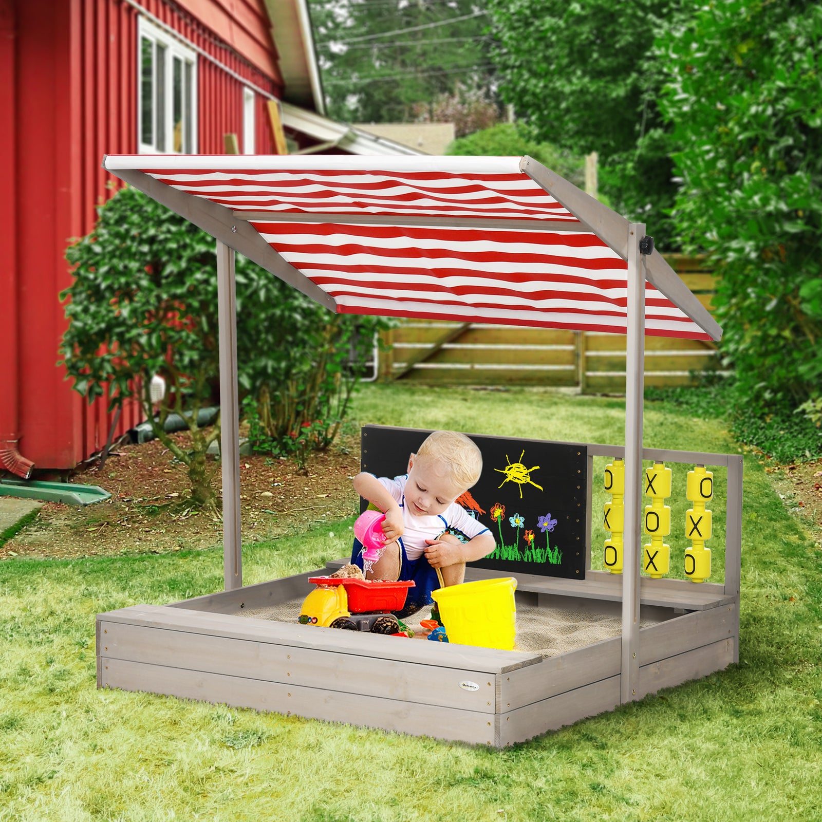 Kids Wooden Sandpit, sandbox with canopy & Seats, for Gardens - Grey