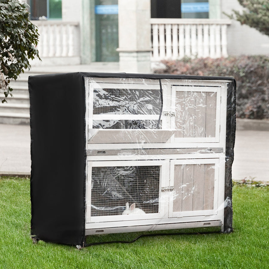 Wooden Pet Hutch, Two-Tier Cage with Rain Cover, Wheels, White
