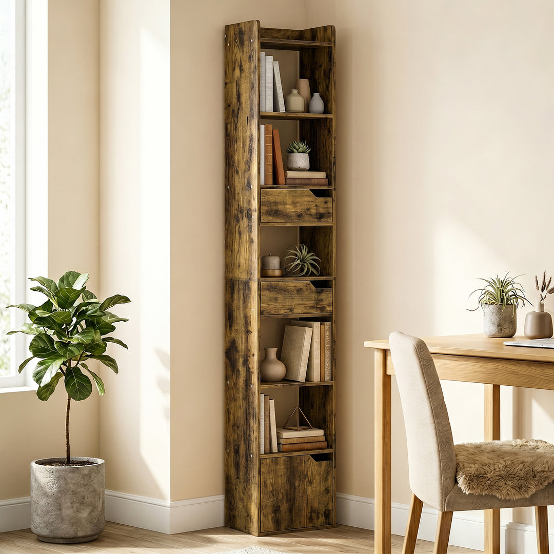 Bookcase Tall Narrow with 5 Tiers and Drawers Freestanding Bookshelf S
