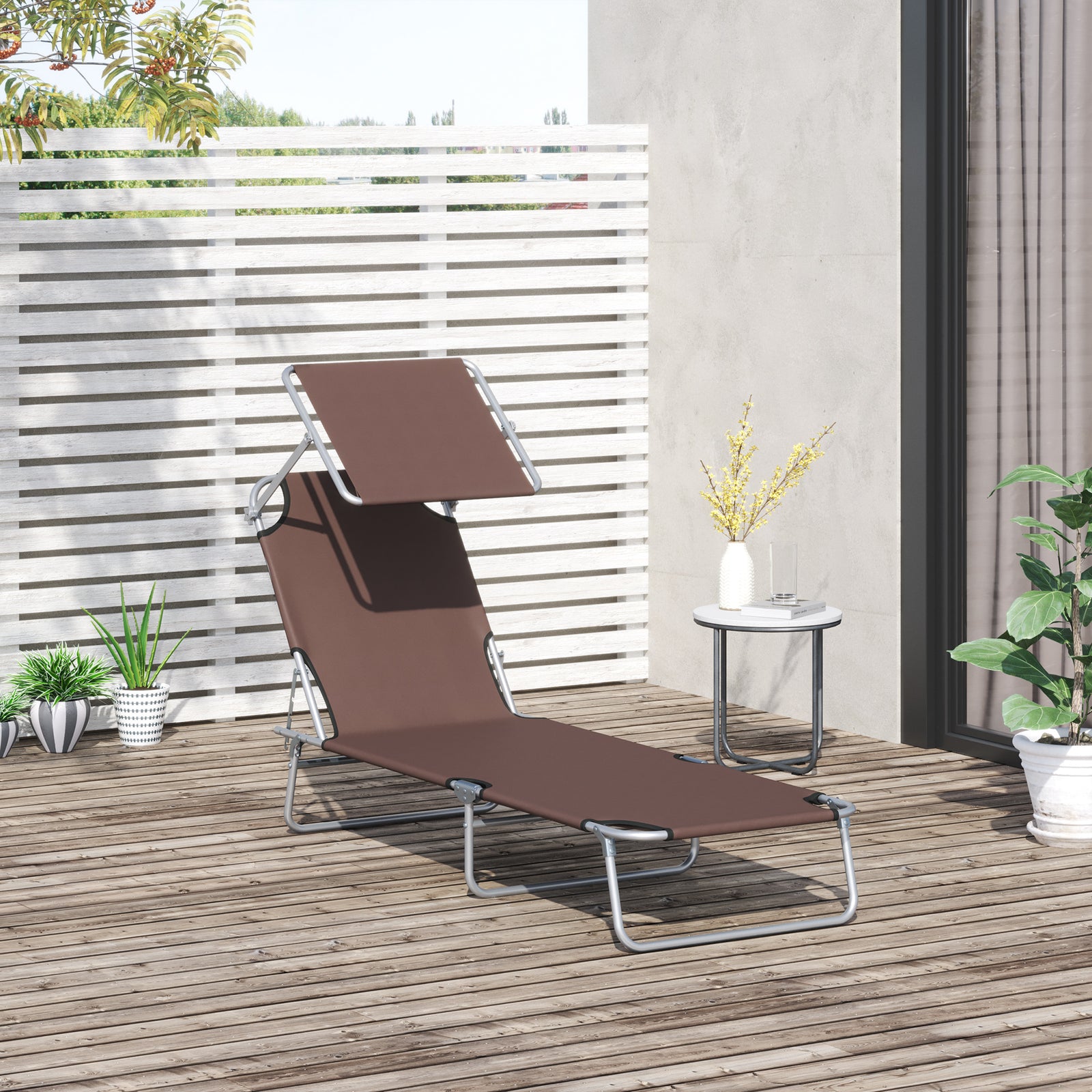 Outdoor Foldable Sun Lounger, 4 Level Adjustable Backrest Reclining Sun Lounger Chair with Angle Adjust Sun Shade Awning for Beach, Garden, Patio, Brown