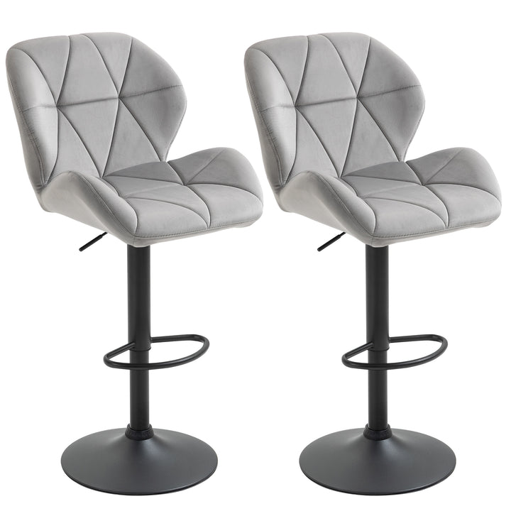 HOMCOM Bar Stool Set of 2 Fabric Adjustable Height Armless Upholstered Counter Chairs with Swivel Seat, Light Grey