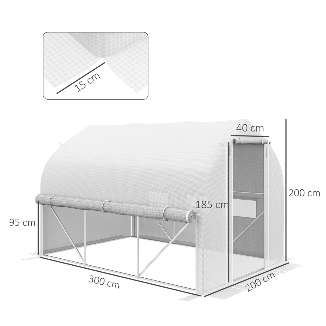 3 x 2(m) Walk-in Polytunnel Greenhouse, Zipped Roll Up Sidewalls, Mesh Door, 6 Mesh Windows, Tunnel Warm House Tent with PE Cover, Complimentary Plant Labels and Gloves, White