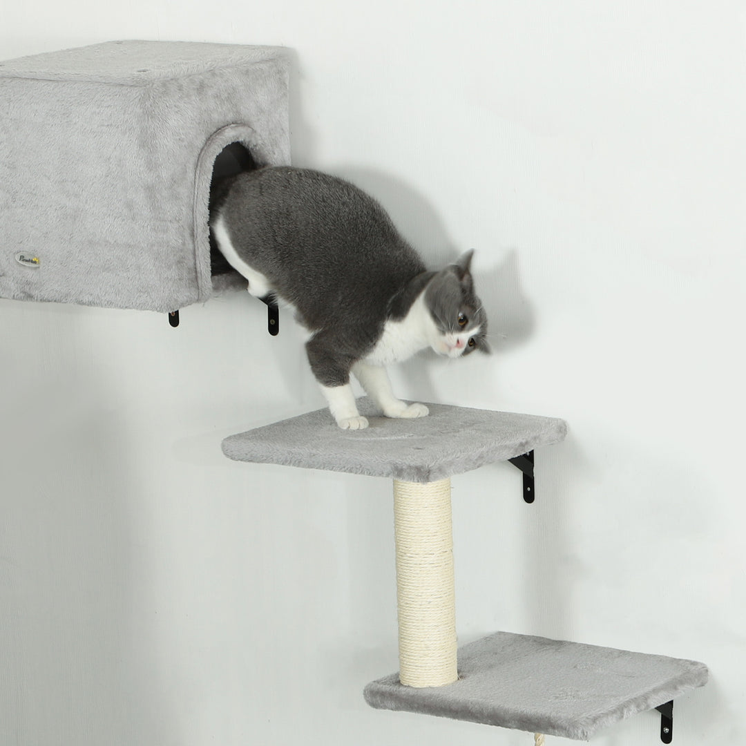 6-Piece Cat Wall Shelves Set with Condo, Cat Wall Furniture with Platforms, Sisal Scratching Post, Bed, Toy Ball, Grey