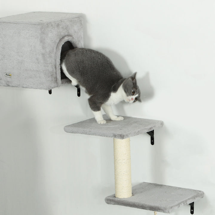 6-Piece Cat Wall Shelves Set with Condo, Cat Wall Furniture with Platforms, Sisal Scratching Post, Bed, Toy Ball, Grey