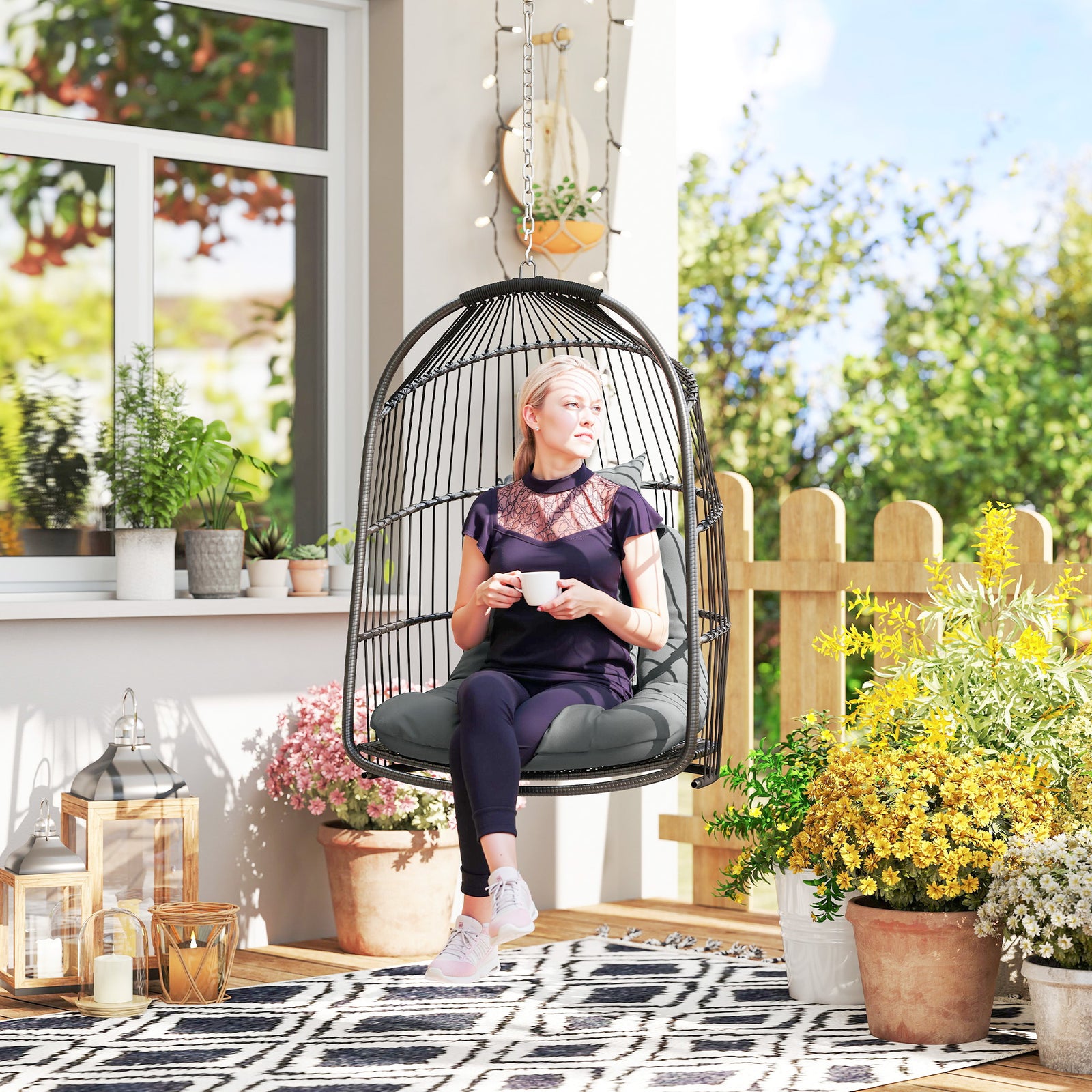 Hanging Egg Chair, Foldable Rattan Garden Swing Chair with Installation Kit, Thickened Cushion and Headrest, Indoor Outdoor Hanging Egg Basket Seat for Patio, Porch, Dark Grey