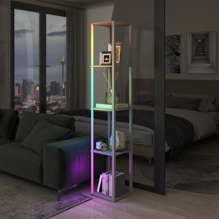 RGB LED Floor Lamp with Shelves, Modern Dimmable Standing Lamp with Remote Control, Adjustable Brightness & Speed for Living Room, Bedroom, Office, Grey