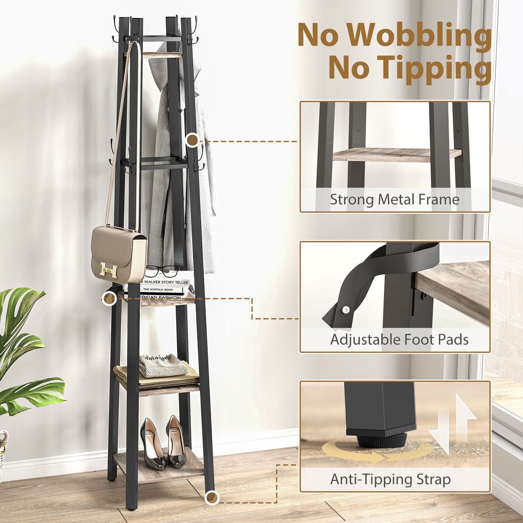 Industrial Coat Stand with 8 Hooks and 4 Shelves - Grey