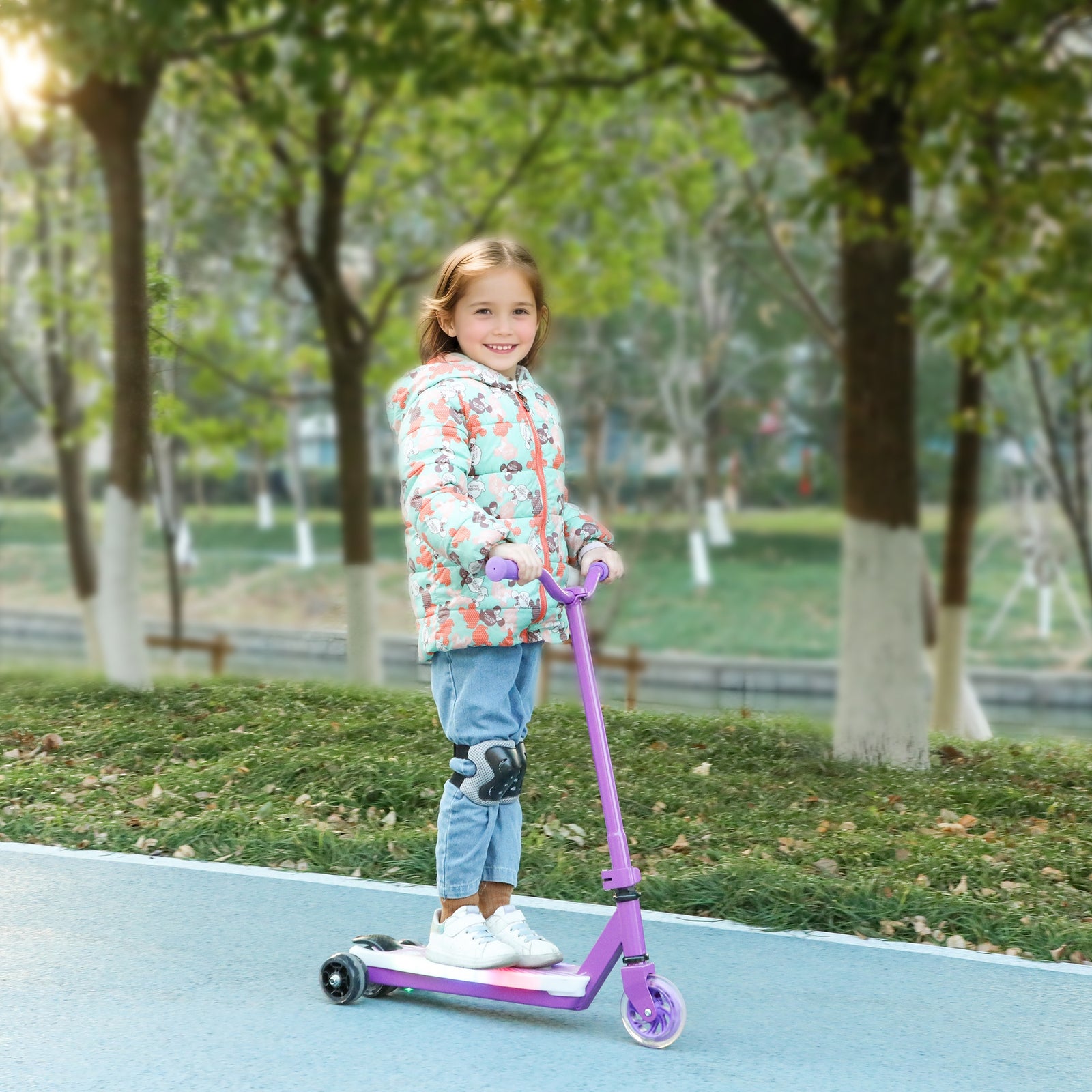 AIYAPLAY Electric Scooter for Kids Aged 4-7 Years, with Flashing LED Lights, Rear Auxiliary Wheels, Purple