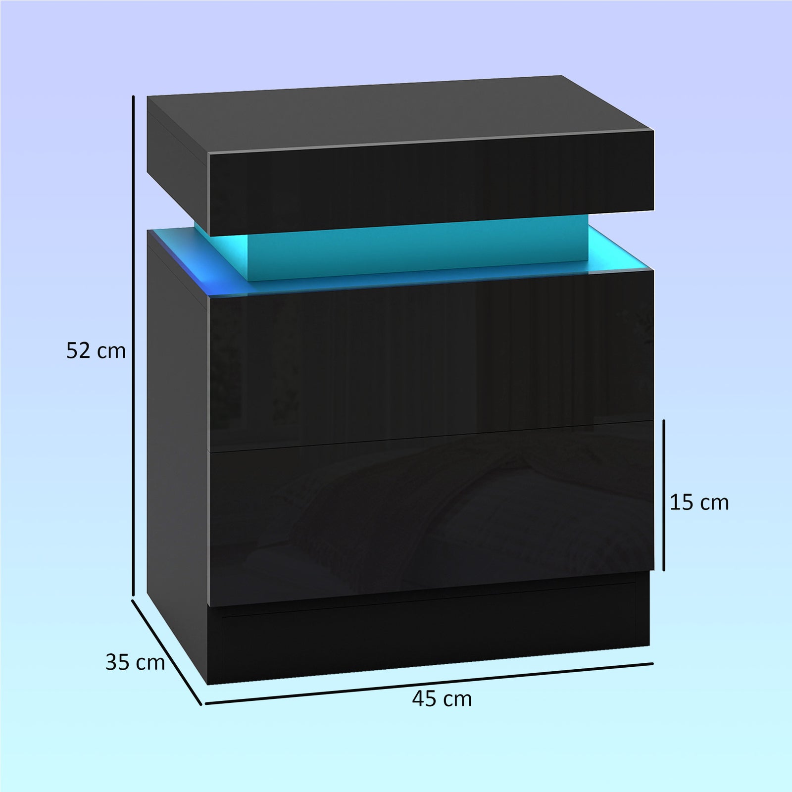 Black Bedside Table with LED Light, High Gloss Front Nightstand with 2