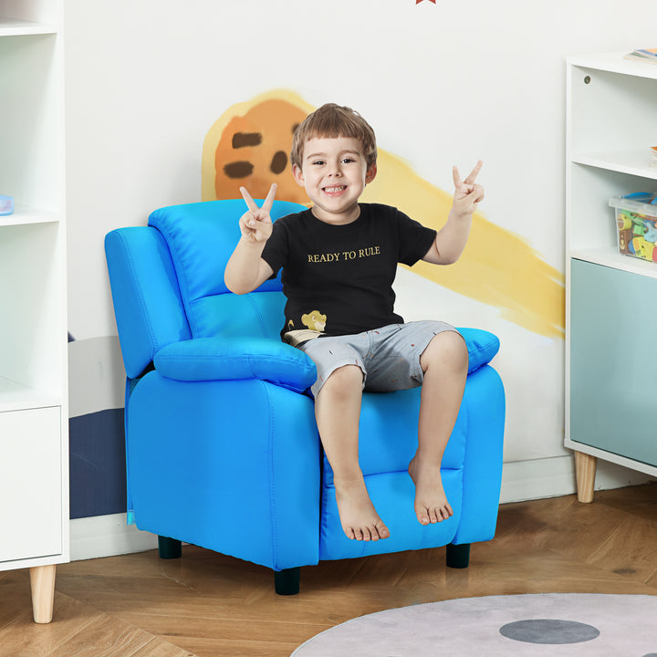 HOMCOM Children's Recliner Armchair, Kids Lounger Sofa Chair with Storage Arms, PU Leather Look, Games Seat, Blue | Aosom UK