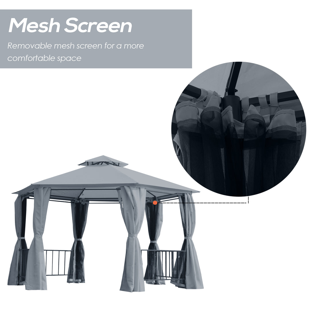3 x 3(m) Hexagon Gazebo Patio Canopy Party Tent Outdoor Garden Shelter w/ 2 Tier Roof & Side Panel - Grey