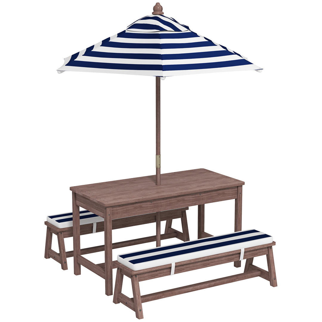 Outdoor Wooden Kids Picnic Table &amp; Bench Set with Cushions and Umbrell