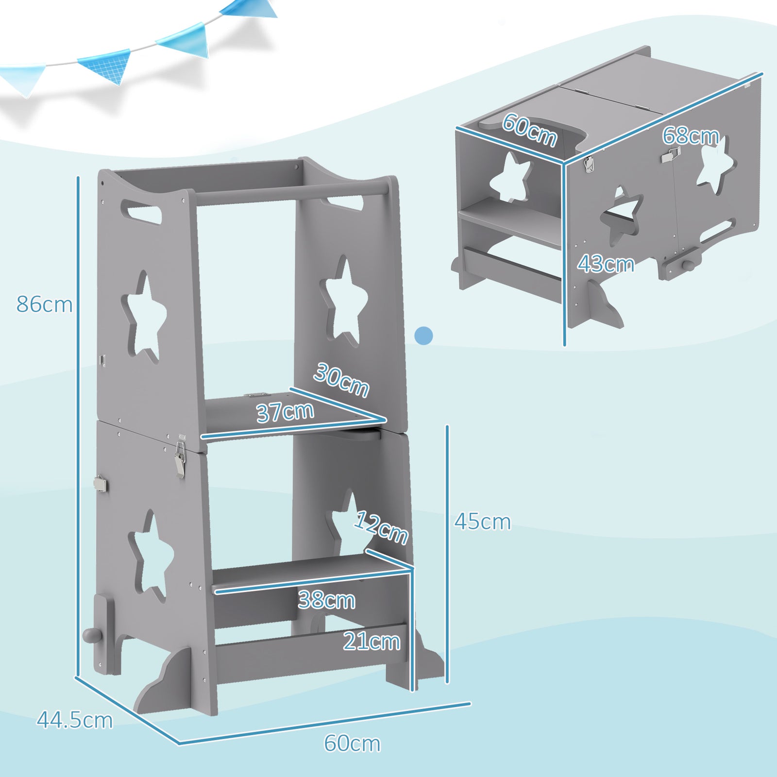 2-in-1 Toddler Step Stool with Safety Rail for Kitchen, Bathroom, Grey