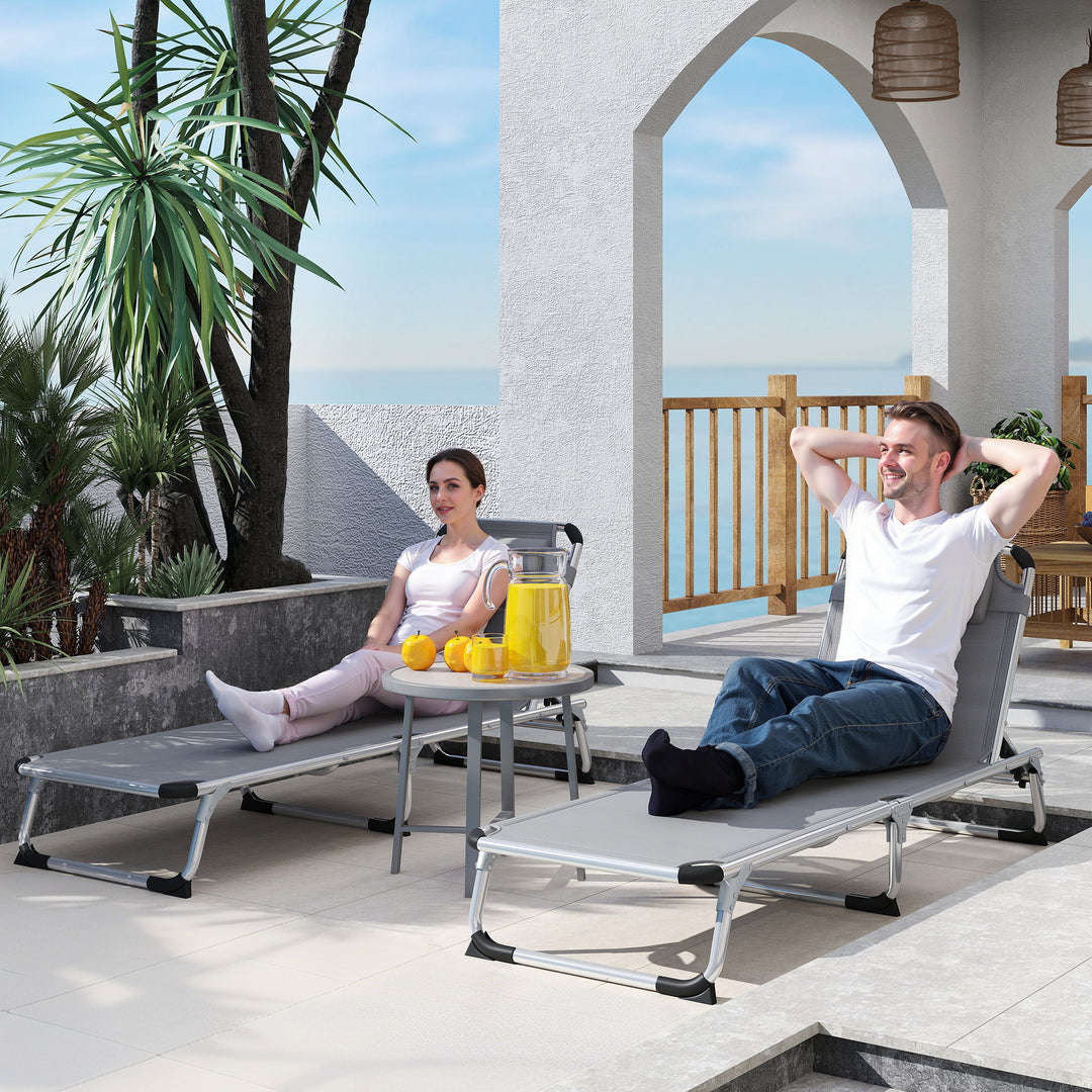 Outsunny Foldable Outdoor Sun Lounger Set of 2, Reclining Lounge Chair Camping Bed Cot with Pillow 4-Level Adjustable Back Aluminium Frame, Light Grey