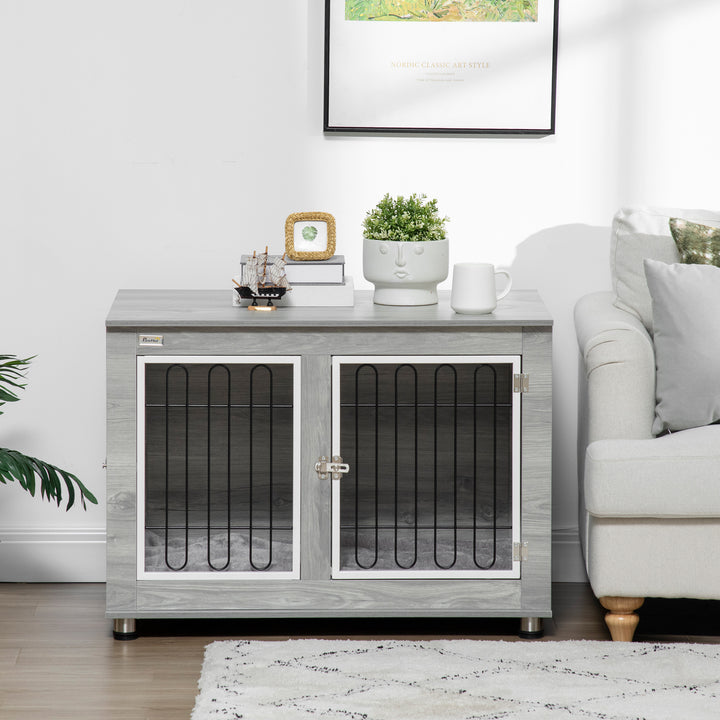 Dog Crate Furniture End Table, with Washable Cushion, Double Doors, for Medium/Large Dogs, Grey