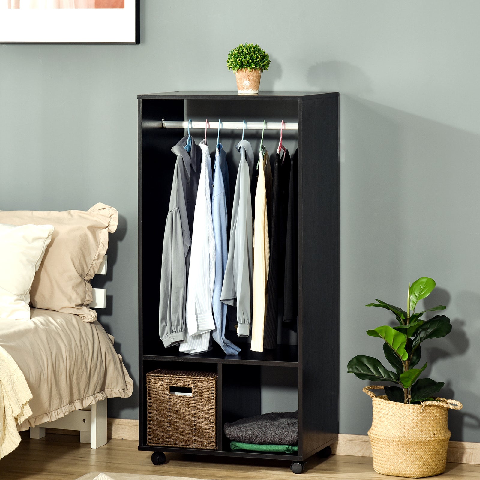 Open Wardrobe on Wheels, Bedroom Wardrobe with Clothes Hanging Rail, 2 Storage Shelves, Mobile Garment Rack for Cloakroom, Hallway, Black