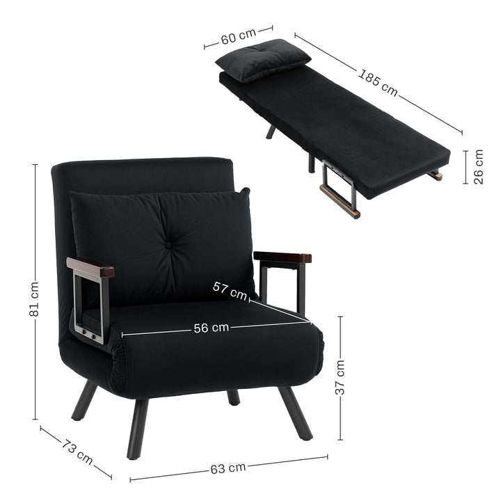4-in-1 Velvet-Feel Single Chair Bed, with Pillow - Black