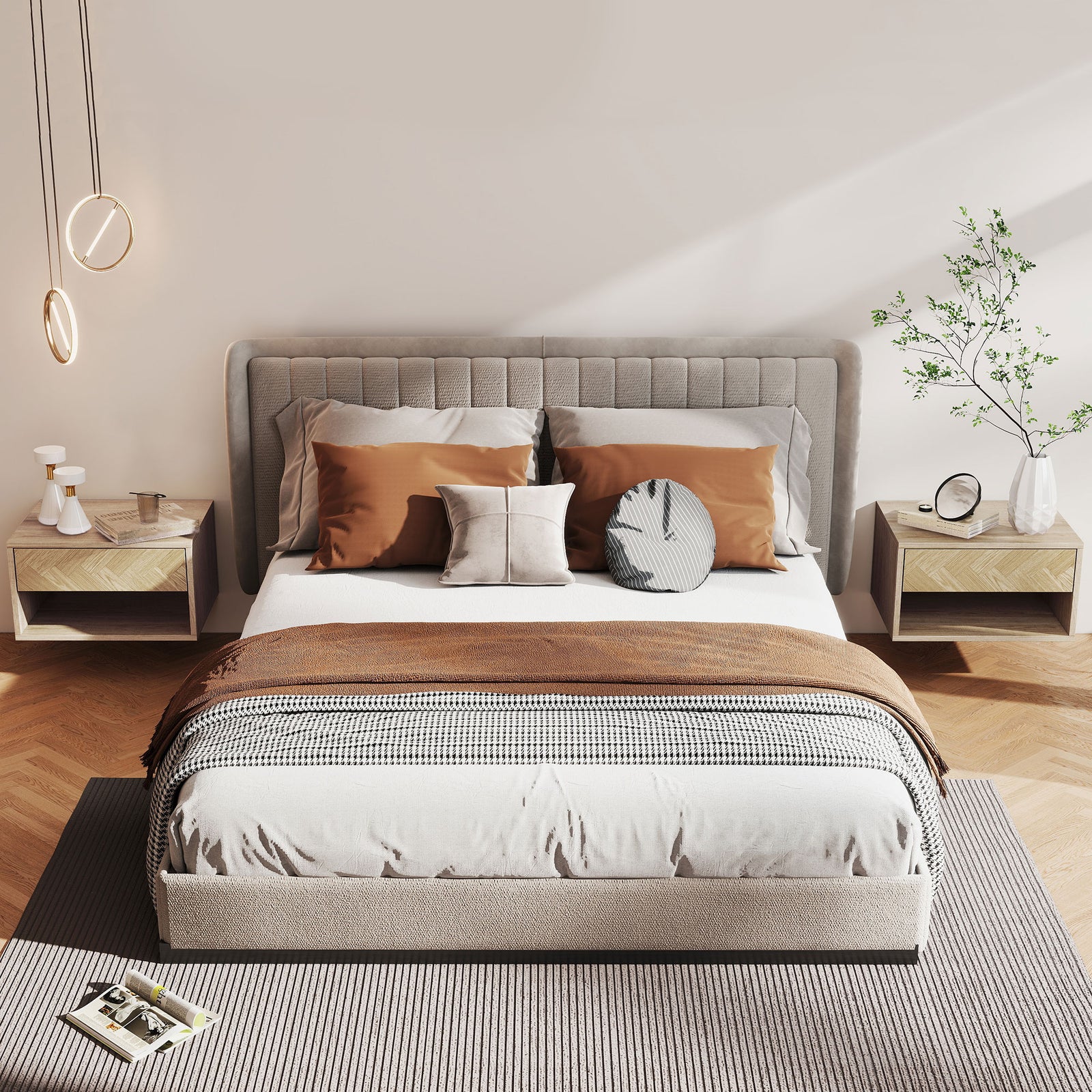 Set of Two Floating Bedside Tables - Natural Wood Finish