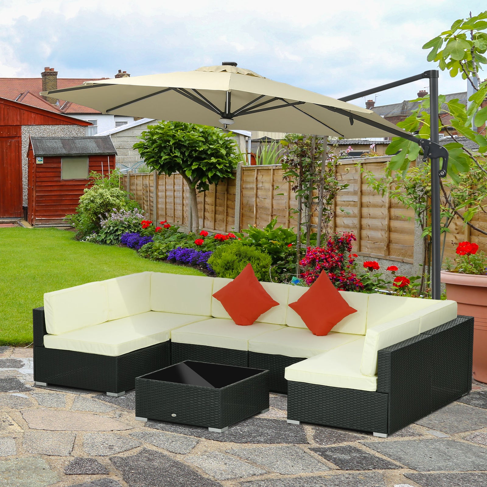 Seven-Piece Rattan Garden Set, with Glass-Top Table - Black/Beige