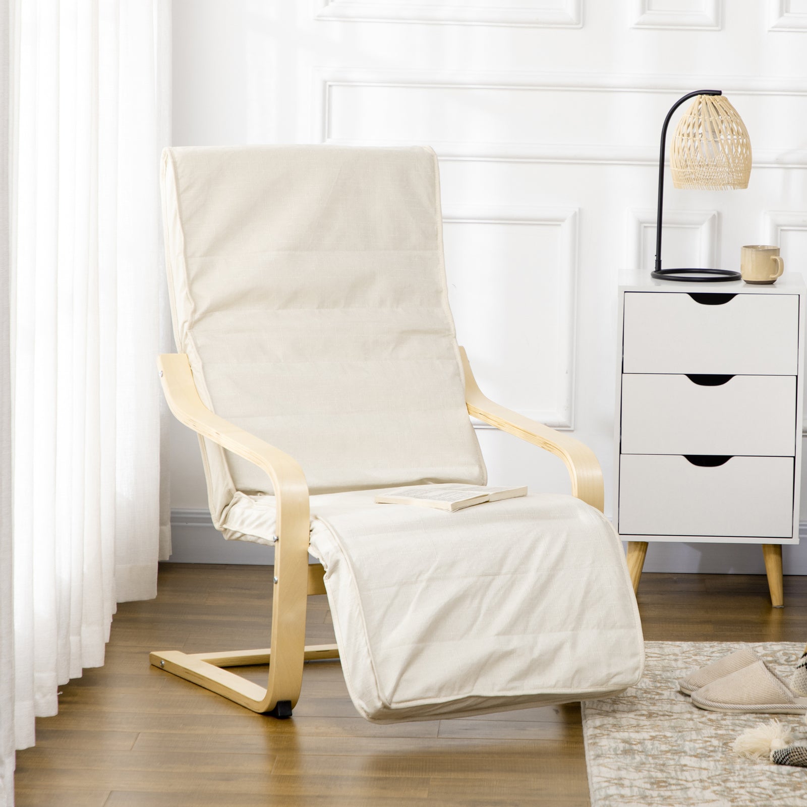 Wooden Armchair, Upholstered Linen Lounge Chair with Adjustable Footrest & Removable Cushion, Poang Chair for Living Room, Cream White